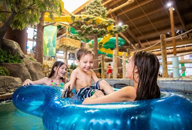 Timber Ridge Lodge in Geneva, Wisconsin features both an indoor water park and outdoor pools. 